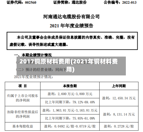 2017铜原材料费用(2021年铜材料费用)