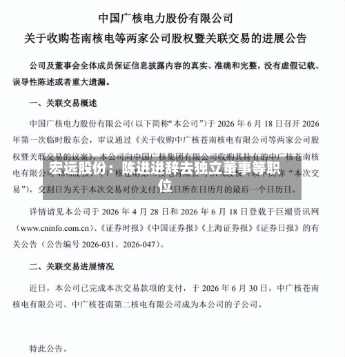 宏远股份：陈进进辞去独立董事等职位-第2张图片