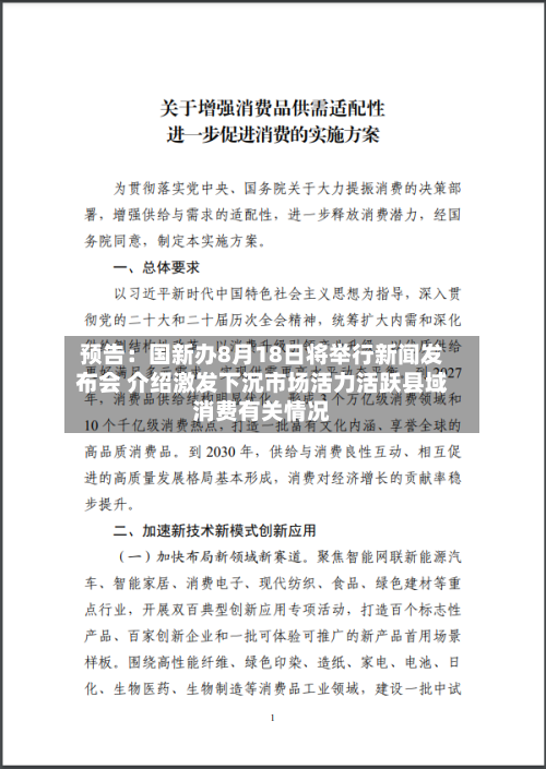预告：国新办8月18日将举行新闻发布会 介绍激发下沉市场活力活跃县域消费有关情况