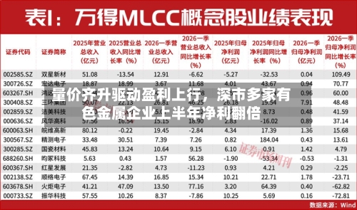 量价齐升驱动盈利上行，深市多家有色金属企业上半年净利翻倍